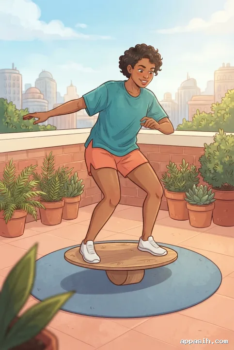 Detailed colorful cartoon illustration of a curly-haired athlete in a teal shirt and coral shorts adjusting their balance on a wooden wobble board atop a blue mat on a sunny rooftop fitness terrace, with terracotta planters and a soft city skyline.