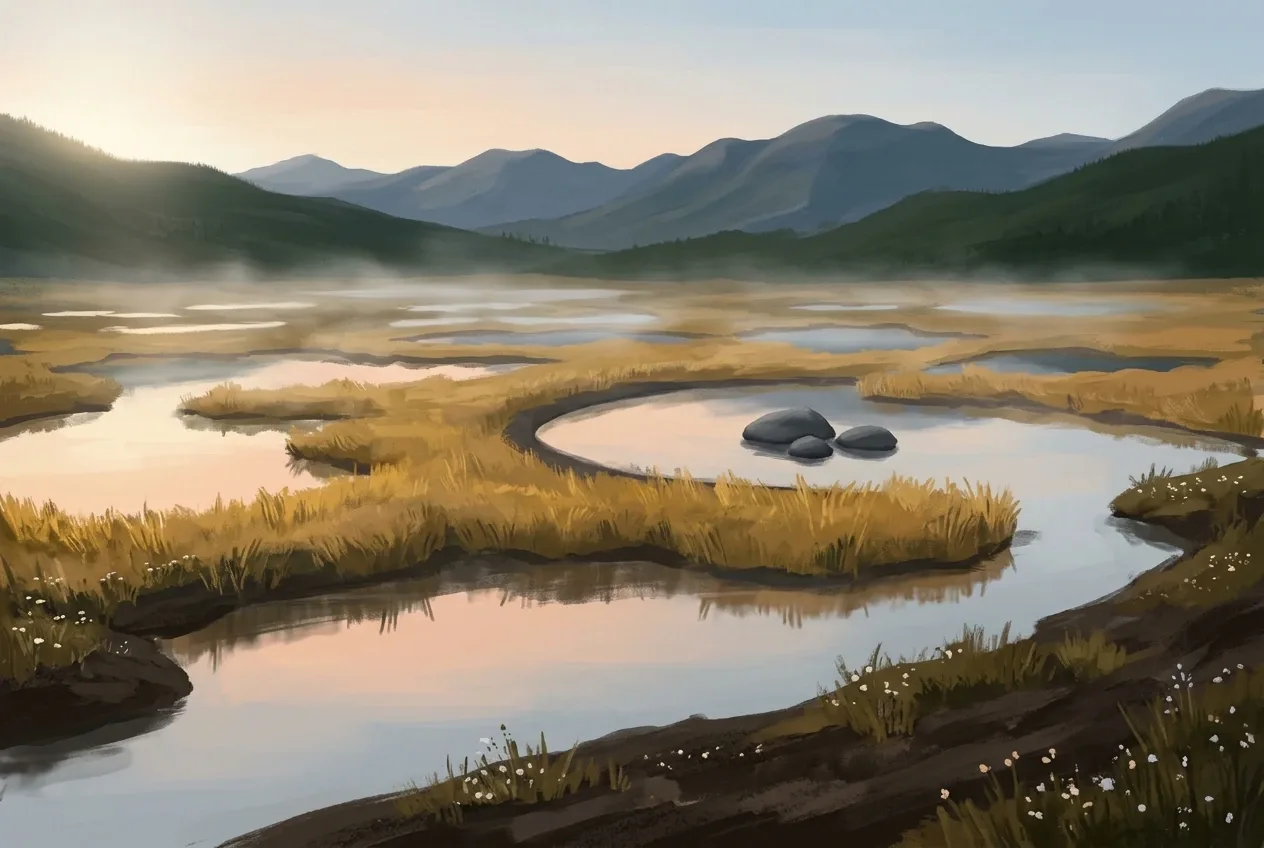 Digital painting of Amberfen Mirror Marsh at sunrise, showing a crescent-shaped reflective pool beside three gray stones, golden wetland grasses, drifting mist, and distant blue-gray mountains.