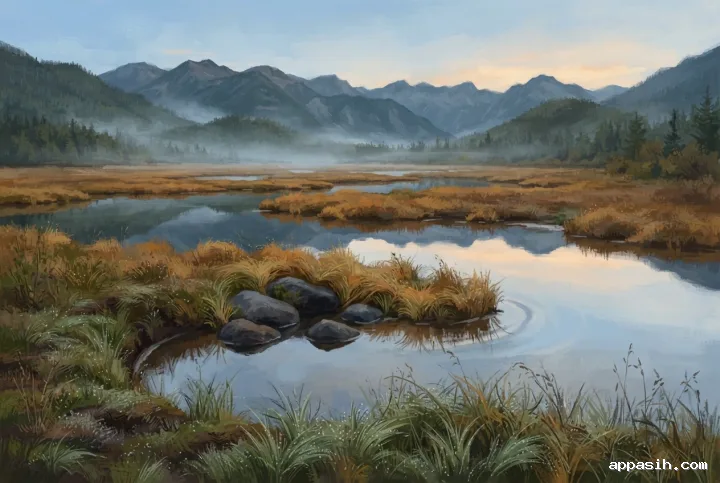 Detailed digital painting of Amberfen Mirror Marsh at dawn, with dew-covered golden sedge in the foreground, a crescent reflective pool encircling three charcoal-gray stones, soft mist, and distant blue-gray mountains.