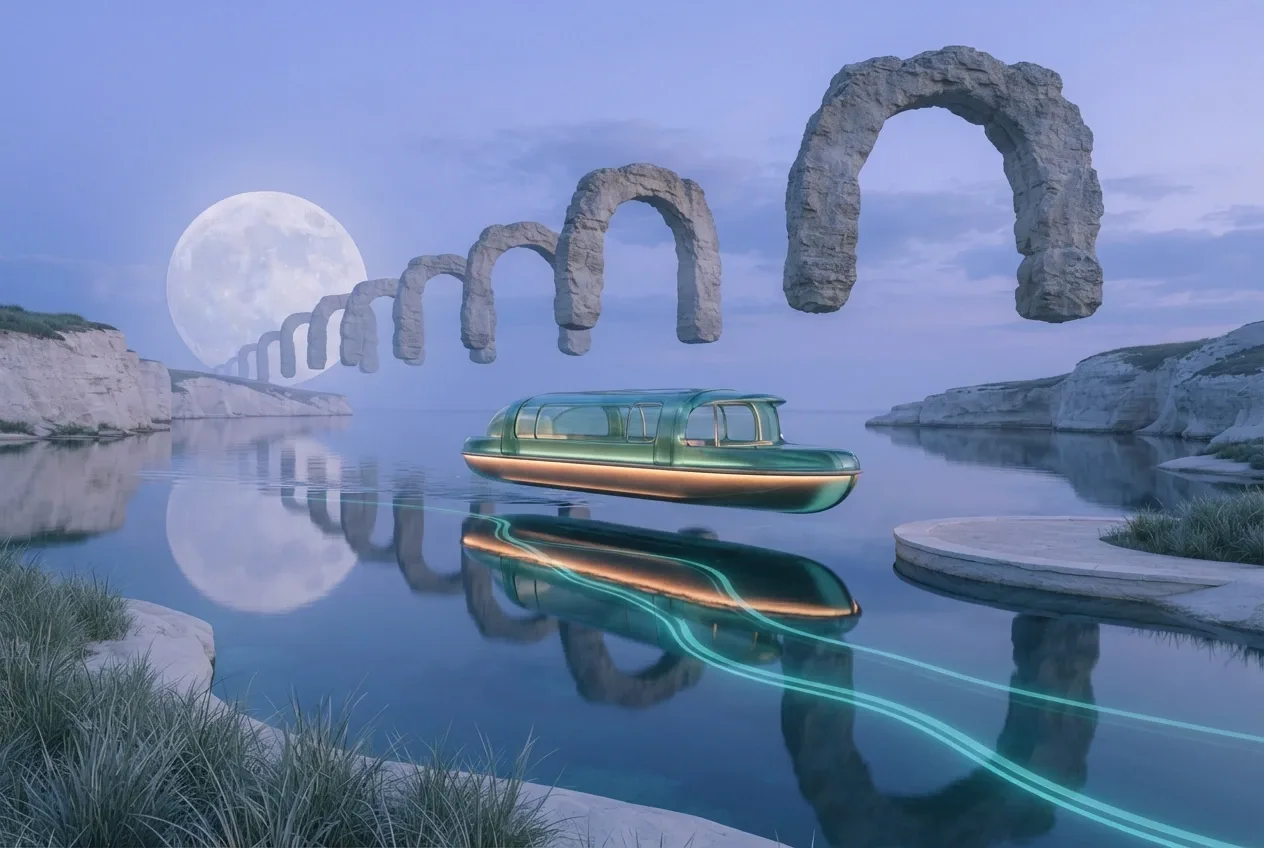 Surreal translucent sea-green Tideglass passenger ferry hovering above a mirror lagoon near a limestone boarding platform, with floating stone arches, turquoise underwater pathways, and a giant pale moon.