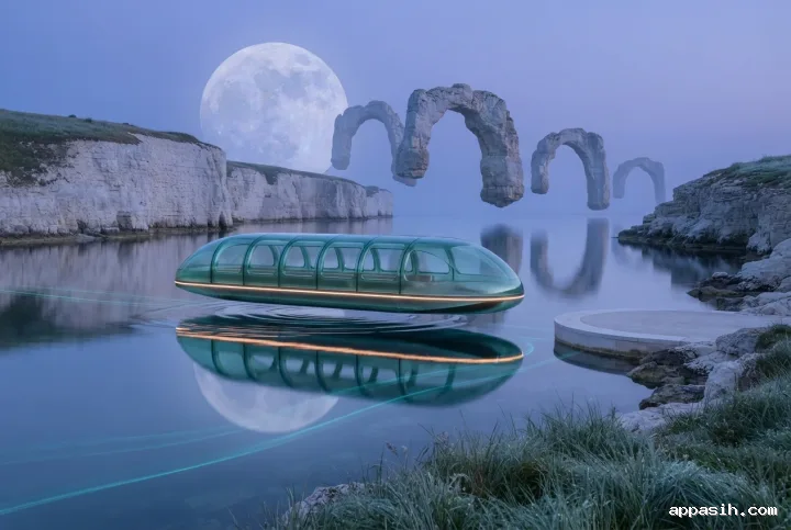 Closer surreal view of a translucent Tideglass ferry gliding above a reflective lagoon toward a crescent limestone platform, with floating stone arches, glowing turquoise currents, foreground coastal grass, and a pale moon.