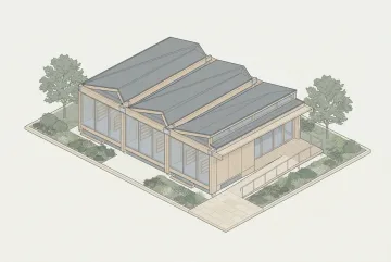 Axonometric technical illustration of a modular neighborhood library pavilion with a folded timber roof, exposed structural beams, glazed reading areas, entrance ramp, reading terrace, and landscaped civic garden.