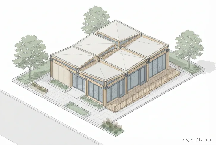 Detailed three-quarter axonometric technical illustration of the Foldline modular library pavilion, showing folded timber roof connections, laminated beams, glazed reading bays, accessible ramp, timber reading terrace, and landscaped civic garden.