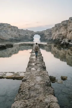 Anonymous traveler in a sand-colored jacket walking away along a narrow limestone causeway between reflective tidal pools toward distant sea cliffs at dawn, captured in fine art coastal travel photography.