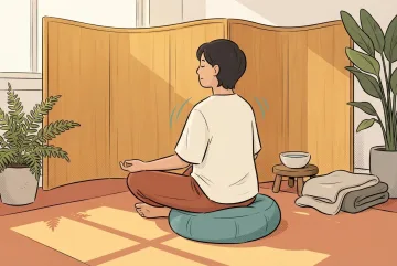 Cartoon comic book illustration of an adult practicing mindful breathing on a teal floor cushion in a cozy sunlit wellness nook with wooden screens, green plants, and a ceramic water bowl.