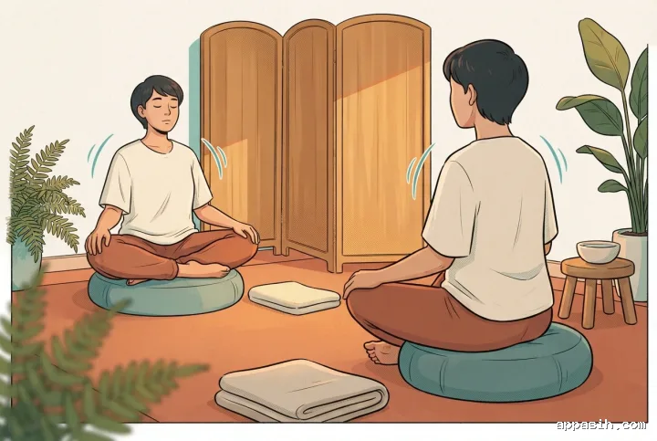 Detailed cartoon comic book scene of an adult seated cross-legged on a teal cushion practicing mindful breathing in a warm indoor wellness nook, with foreground fern leaves, a wooden privacy screen, leafy plants, and a ceramic water bowl illuminated by golden morning sunlight.