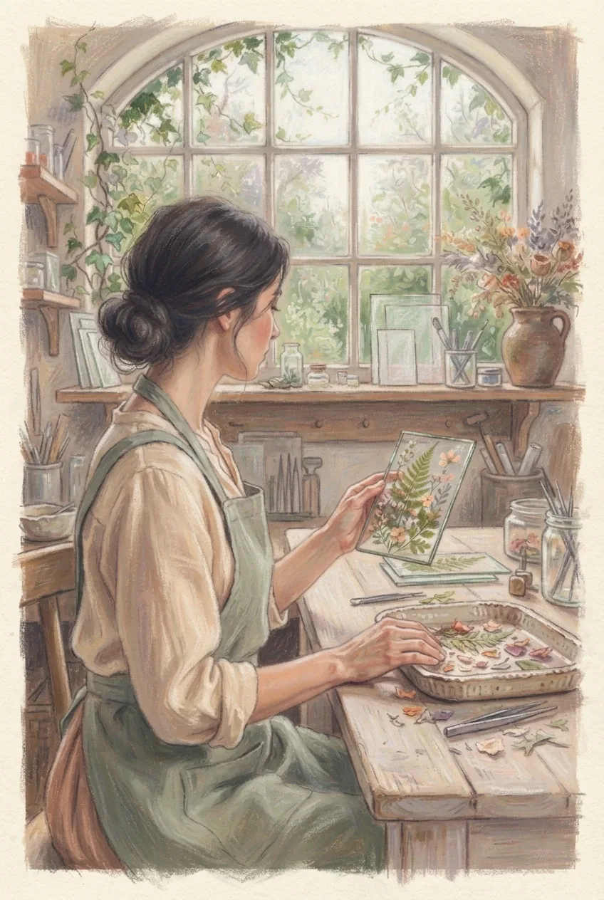 Soft pastel painting of a botanical glass artisan in a sage linen apron arranging a pressed-flower glass panel at a wooden workbench beside an arched garden window.