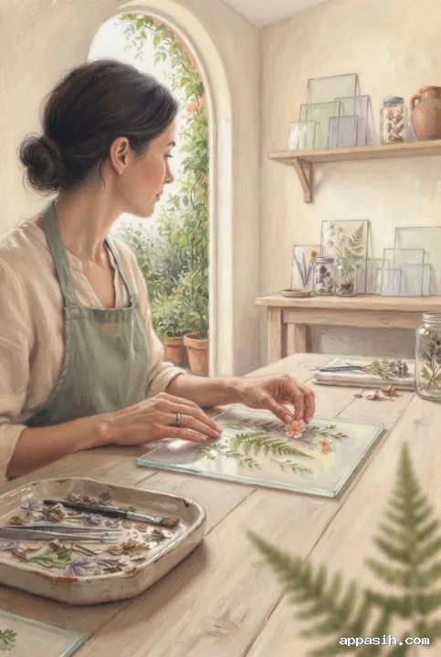 Intimate soft pastel painting of a botanical glass artisan carefully positioning a coral blossom beside pressed fern fronds inside a translucent panel at a sunlit garden workshop workbench.