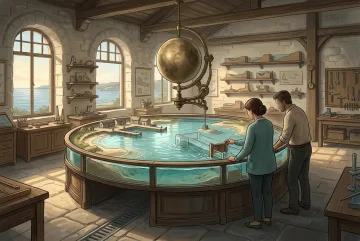 Concept art of a tidal mechanics learning workshop where two adult learners adjust wooden floodgates around a circular miniature coastal basin beneath a suspended brass moon sphere.