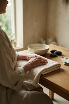 Cinematic vertical view of an anonymous adult gently pressing an ivory cotton towel around one wrist beside a cream ceramic bowl of warm water and smooth river stones in a softly lit wellness studio.