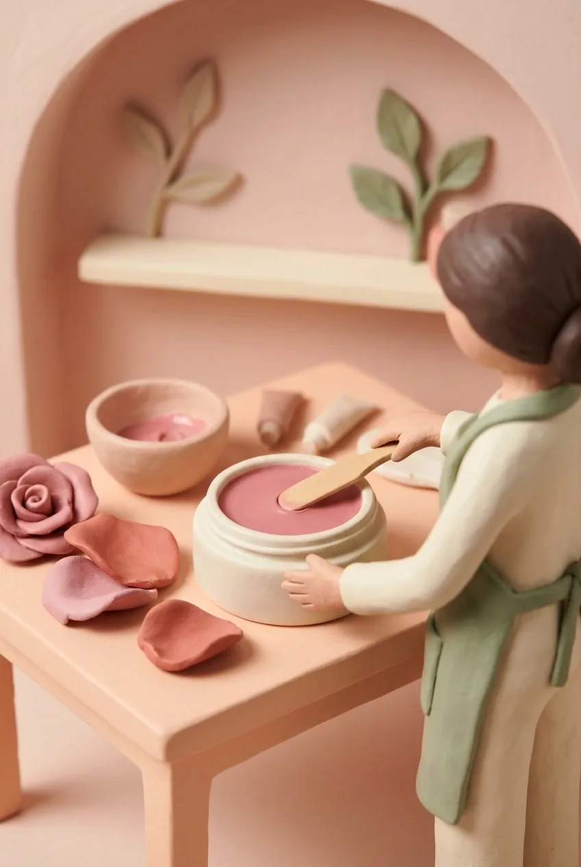 Clay 3D miniature beauty atelier with a sage-apron artisan smoothing rose-pink lip balm in an ivory ceramic pot beside handmade clay petals and a wooden spatula.