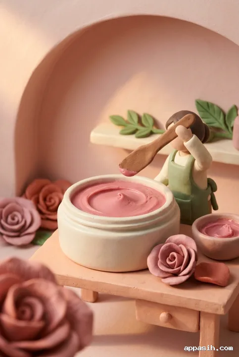 Close Clay 3D view of a miniature sage-apron artisan lifting a wooden spatula above swirled rose-pink lip balm in an ivory ceramic pot, framed by sculpted petals in a pastel beauty atelier.