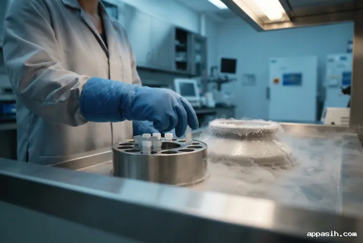 Close cinematic view of a cryogenic biobank researcher lowering a sealed specimen vial into a circular stainless steel rack beside a frosted liquid nitrogen vessel, with delicate vapor and blue laboratory lighting.