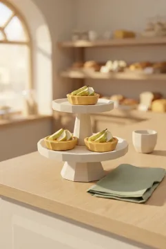 Low Poly 3D illustration of three golden pear tartlets decorated with geometric pear slices on a two-tier ivory ceramic dessert stand in a cozy bakery.
