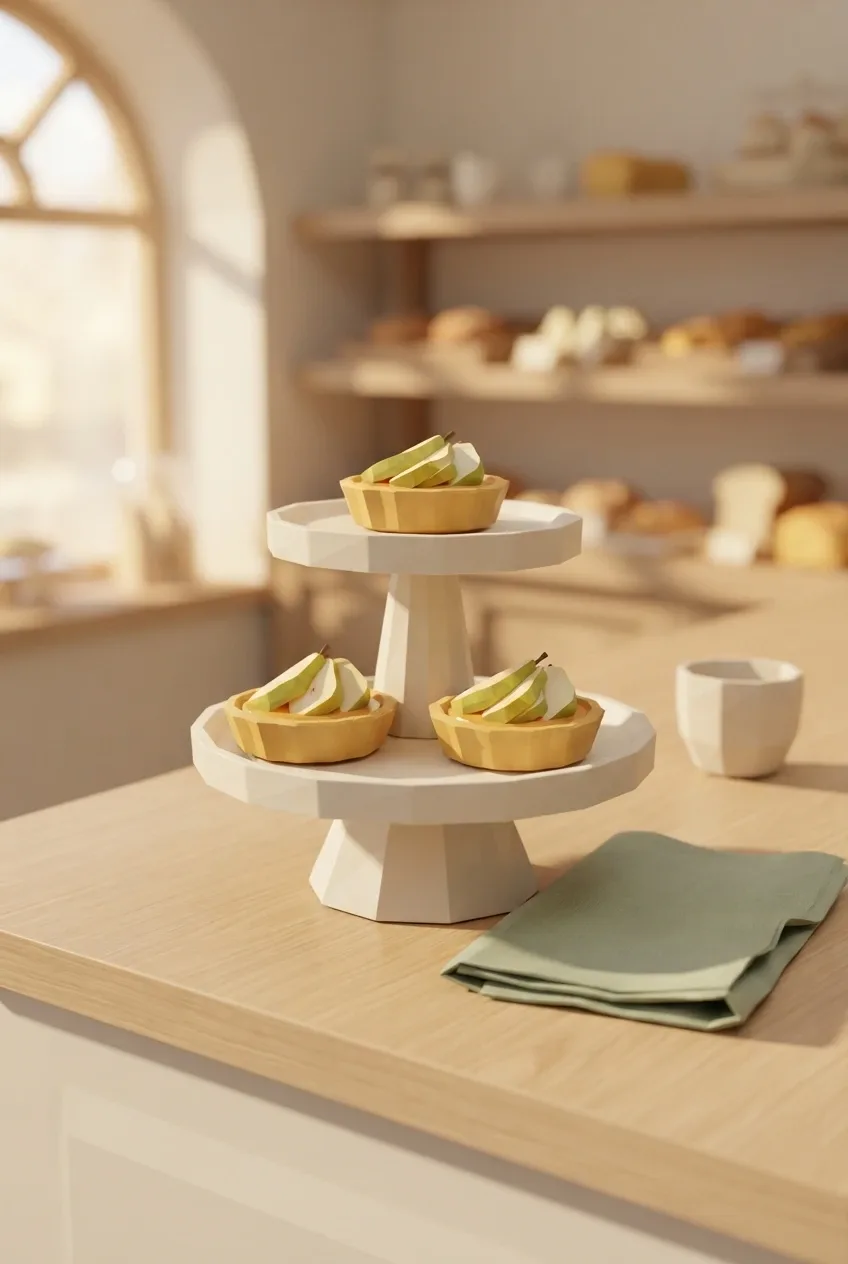 Low Poly 3D illustration of three golden pear tartlets decorated with geometric pear slices on a two-tier ivory ceramic dessert stand in a cozy bakery.