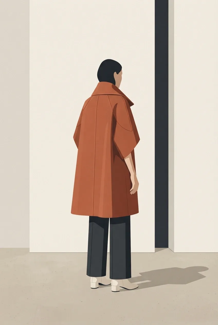 Minimalist graphic fashion illustration of an anonymous figure wearing a sculptural terracotta cape coat with an asymmetrical collar, charcoal wide-leg trousers, and ivory ankle boots inside a geometric ivory architectural studio.