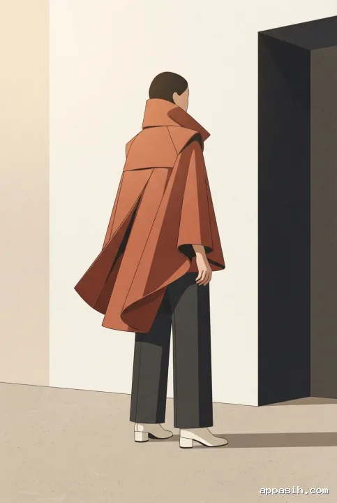 Closer minimalist graphic fashion illustration of an anonymous figure gently lifting the edge of a sculptural terracotta cape coat, highlighting its asymmetrical collar and angular drape, with charcoal trousers and ivory boots inside the same geometric architectural studio.