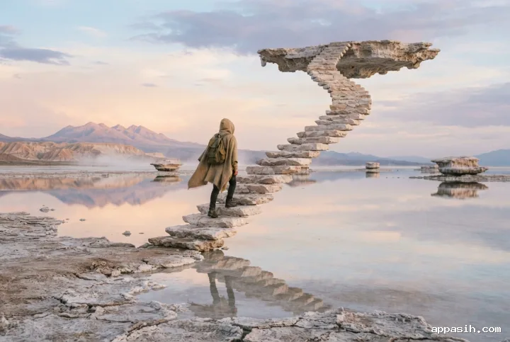 Closer rear three-quarter view of a cloaked traveler ascending a floating mineral stairway over a surreal salt desert lagoon, with crystalline foreground textures, suspended salt terraces, and softly illuminated ivory mountains.