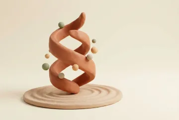 Abstract Claymation 3D sculpture of a terracotta spiral helix with five floating pastel ceramic beads above concentric clay ripples on an ivory circular platform.