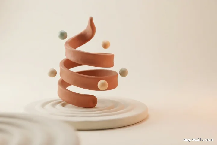 Close three-quarter Claymation 3D view of a handcrafted terracotta helix surrounded by five floating pastel clay beads, rising above concentric ripples on an ivory platform under soft peach-tinted studio lighting.
