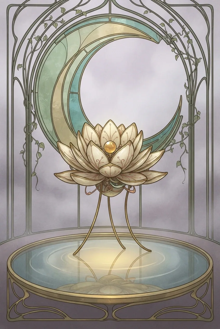 Retro Art Nouveau illustration of an ivory and brass mechanical water lily floating above a still pool inside a misty glass conservatory with a large crescent stained-glass window.