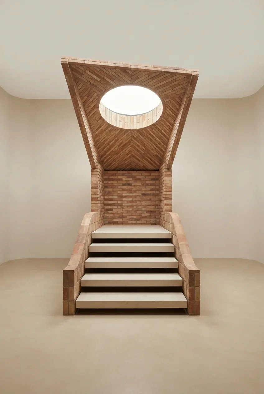 Terracotta stair pavilion with six floating limestone steps beneath an angular folded brick canopy and circular skylight in a warm minimalist architectural photography studio.