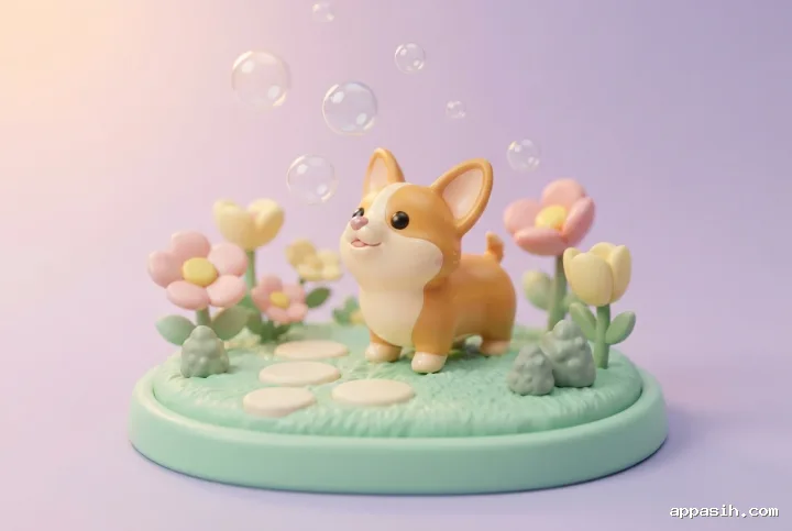 Close three-quarter view of a glossy orange-and-cream 3D plastic toy corgi puppy raising its paw toward a translucent bubble in a miniature mint-green garden, framed by pastel plastic flowers, cream stepping stones, and soft lavender studio lighting.