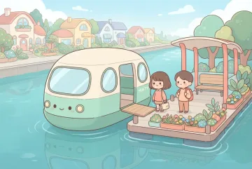 Kawaii cartoon illustration of a mint-green bubble-shaped electric ferry beside a flower-filled floating garden dock, with two cute passengers, a pastel canopy, and calm turquoise canal water.