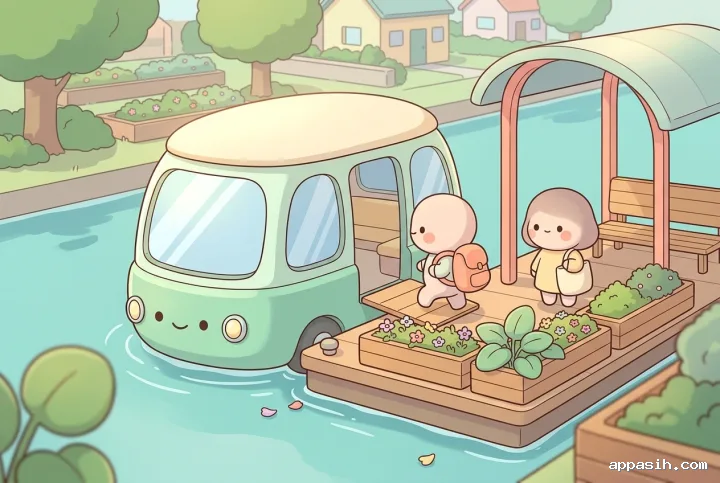 Detailed kawaii cartoon scene of a mint-green bubble electric ferry at a floating garden dock, where a cute passenger with a peach backpack steps toward the boarding ramp beside pastel flowers and a turquoise canal.
