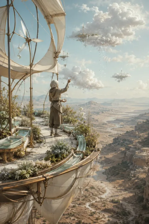 An anonymous atmospheric engineer collects glowing rain seeds from cloud blossoms on a floating garden above a dry valley.