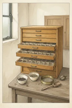 Retro scientific illustration of a wooden botanical seed sorting cabinet with partially opened specimen drawers, brass sieve, cream ceramic seed bowls, and a dried seed pod inside a mid-century agricultural laboratory.