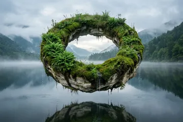 Surreal floating ring-shaped limestone island covered in lush green ferns and moss above a misty lake, with delicate rainwater streams, circular ripples, and soft morning light.