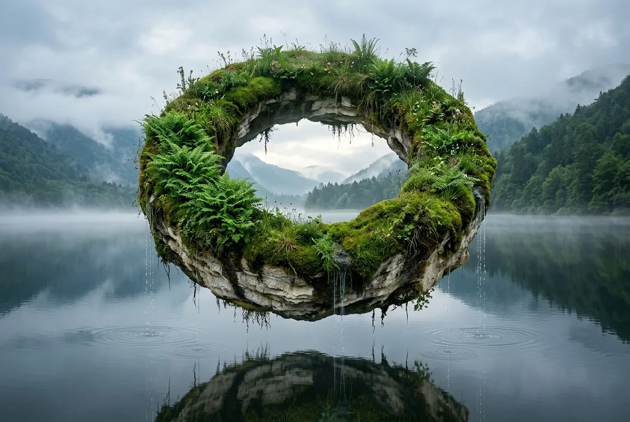 Surreal floating ring-shaped limestone island covered in lush green ferns and moss above a misty lake, with delicate rainwater streams, circular ripples, and soft morning light.