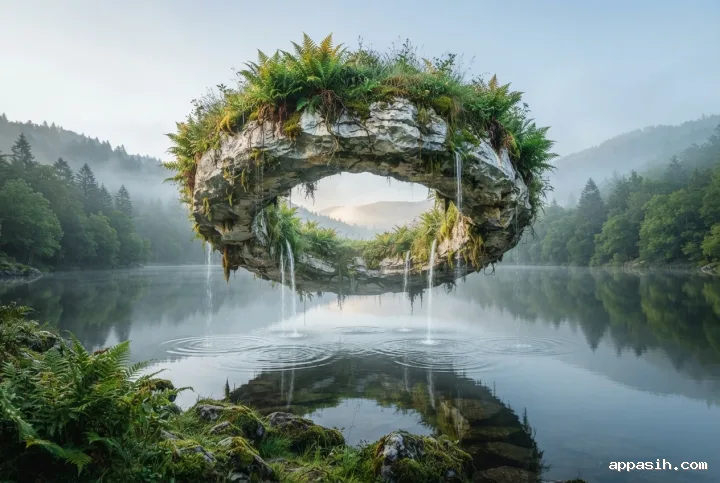 Detailed surreal limestone fern atoll floating above a tranquil misty lake, viewed from a closer low three-quarter angle with lush moss, hanging roots, fine falling water droplets, and soft silver-blue morning light.