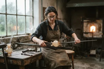 Potret fine art seorang perajin kaca anonim mengenakan celemek cokelat saat membentuk vas kaca amber transparan di studio tradisional, diterangi cahaya lembut dari jendela berhujan dan pantulan tungku.