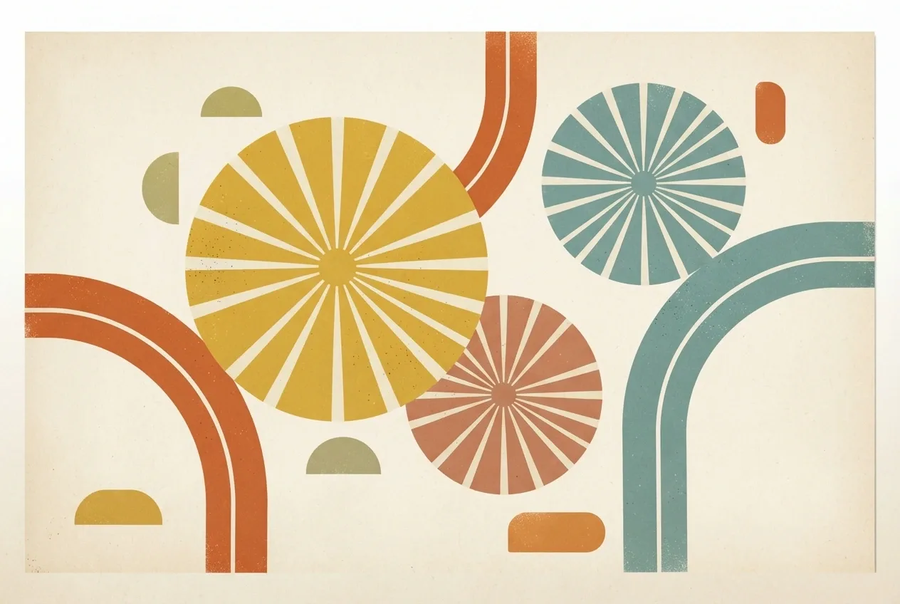 Ilustrasi abstrak retro horizontal menampilkan tiga cakram sunburst kuning mustard, terracotta, dan teal yang saling bertumpuk, dikelilingi lengkungan pita geometris di atas kertas krem bertekstur cetak vintage.