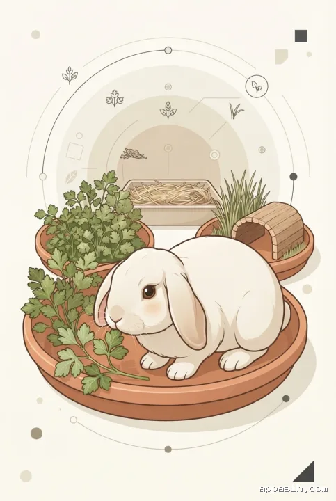 Ilustrasi infografis detail kelinci mini lop krem dari sudut tiga perempat rendah sedang mendekati daun parsley di taman enrichment terracotta, dengan area tanaman herbal, wadah jerami, terowongan kayu, dan ornamen geometris sage green.