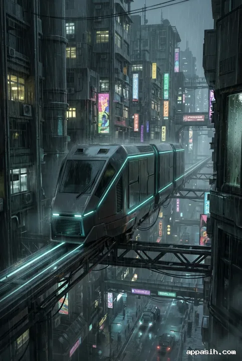 Tampilan dekat tiga perempat dari sudut rendah sebuah trem kargo listrik otomatis grafit dengan tiga modul muatan, bergerak di rel layang elektromagnetik kota cyberpunk saat hujan malam, di antara menara industri dan pantulan neon cyan-magenta.