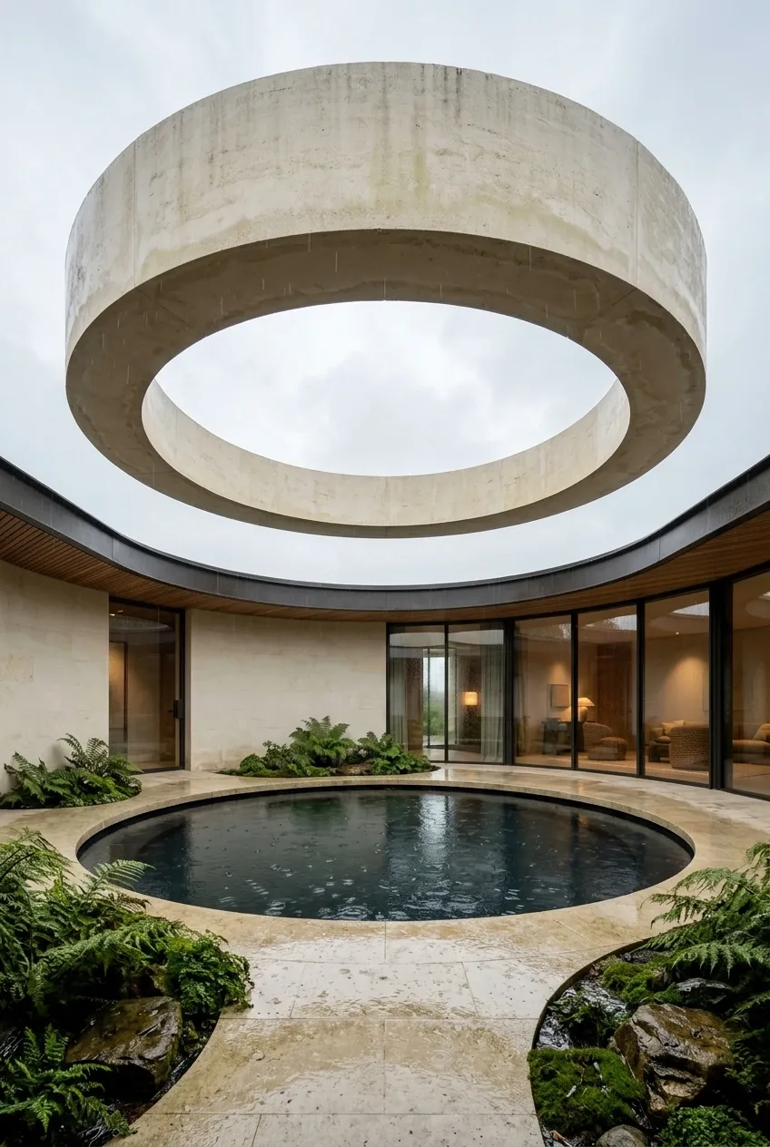 Rumah courtyard surreal dari batu kapur dengan atap cincin besar melayang tanpa penyangga di atas kolam refleksi bundar, dikelilingi dinding melengkung, kaca tinggi, taman pakis, dan permukaan basah saat hujan.