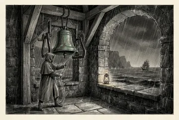 Cinematic ink drawing penjaga anonim membunyikan lonceng besar di menara sinyal batu pesisir saat hujan tengah malam, dengan lentera dan kapal layar jauh di balik kabut.