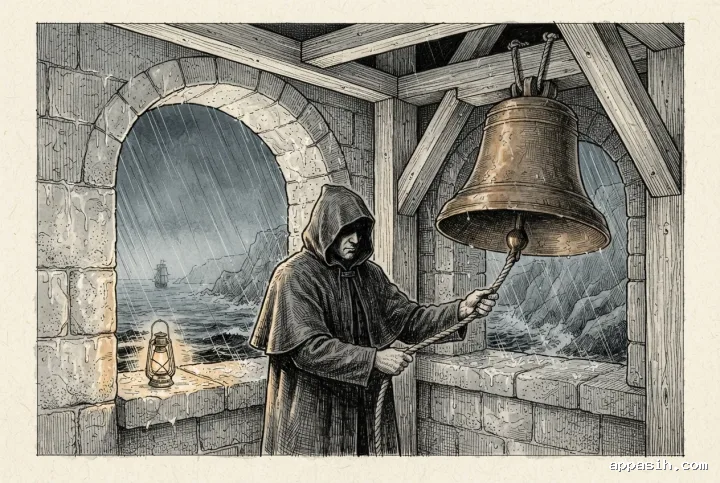 Ilustrasi cinematic ink drawing dari sudut rendah memperlihatkan penjaga anonim menarik tali lonceng perunggu di menara batu pesisir, diterangi lentera saat kapal layar tampak samar dalam hujan malam.