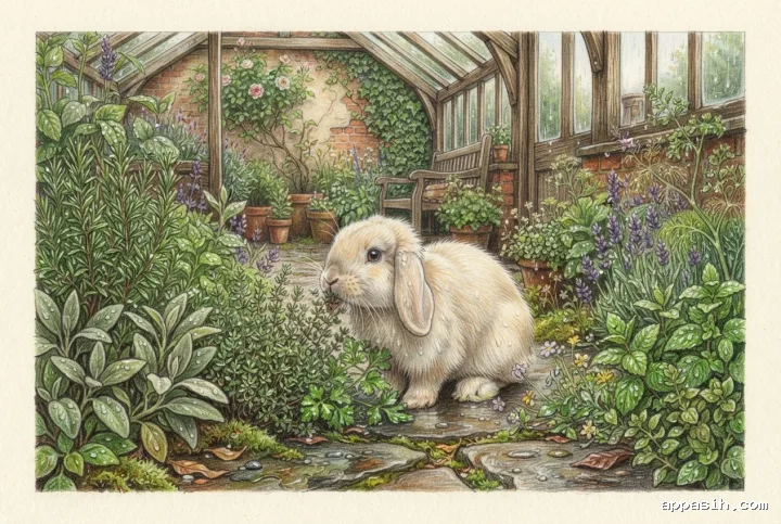 Ilustrasi Colored Pencil mendetail dari sudut rendah tiga perempat memperlihatkan kelinci lop krem mengendus thyme di kebun herbal basah, dengan rosemary, pot terakota, lumut, dan jalan batu kapur setelah hujan.