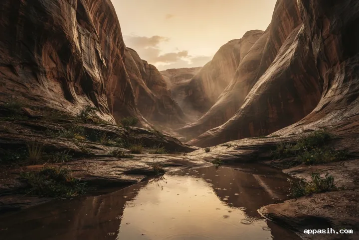Detailed cinematic view from a low three-quarter angle of a rain-soaked copper sandstone canyon, with a central mirror pool, textured curved terraces, desert grasses, delicate distant mist, and warm golden sunset light illuminating monumental canyon walls.