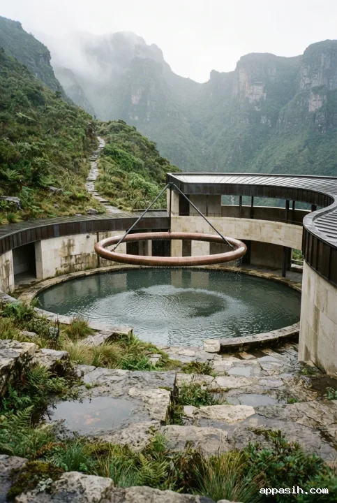 Close three-quarter photorealistic view of a circular atmospheric observatory in a misty mountain crater, showing copper condensation droplets above a rainwater basin, damp limestone terraces, and moss-covered stonework.