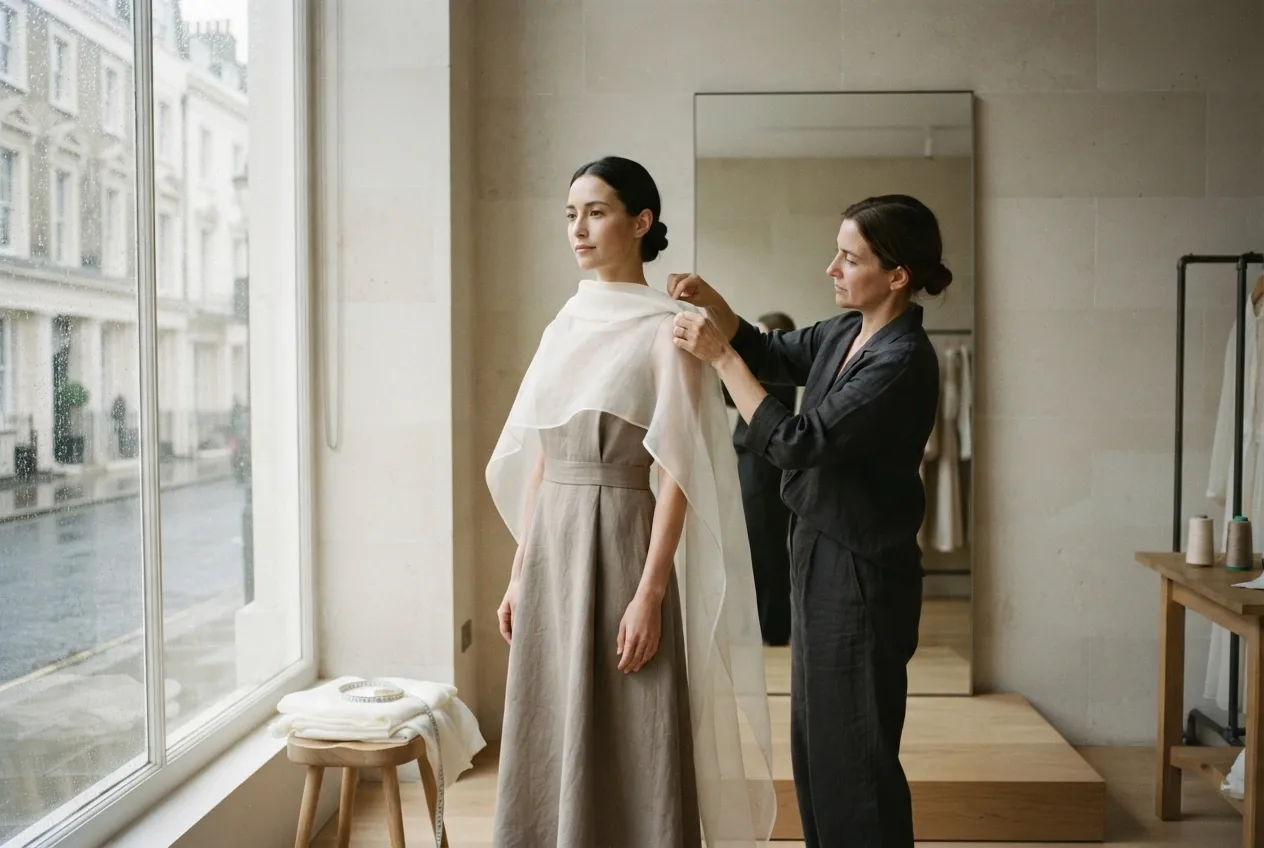 Anonymous fashion model wearing a translucent ivory organza cape over a sculptural taupe linen dress while a stylist adjusts the shoulder drape inside a minimalist atelier illuminated by soft rainy window light.