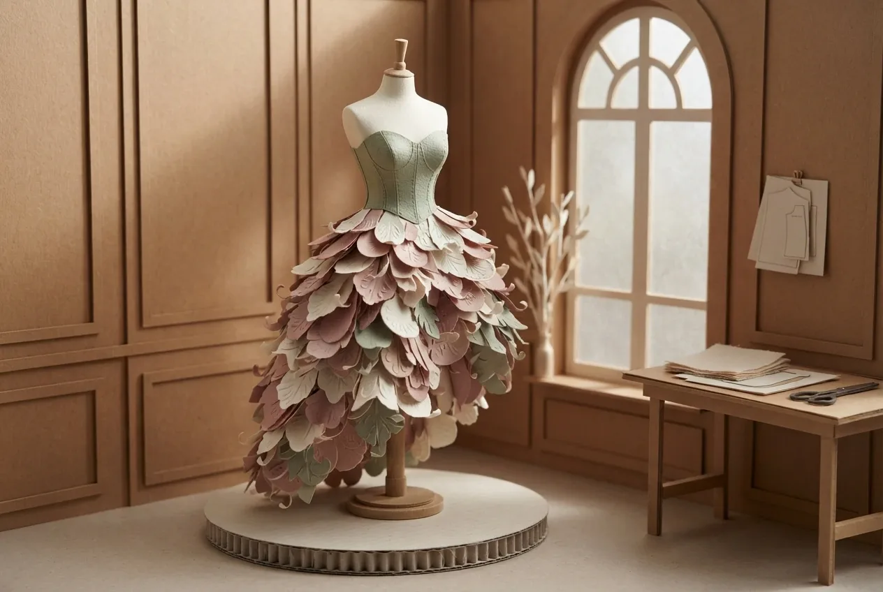 Manekin ivory mengenakan gaun couture dari lapisan kelopak kertas sage, dusty rose, dan ivory dalam diorama atelier fashion Mixed Media Paper Cut / Papercraft.