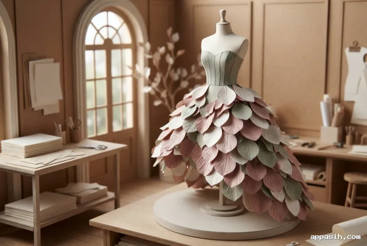 Sudut dekat tiga perempat menampilkan gaun couture kelopak kertas sage, dusty rose, dan ivory pada manekin atelier, dengan detail serat dan lapisan papercraft.
