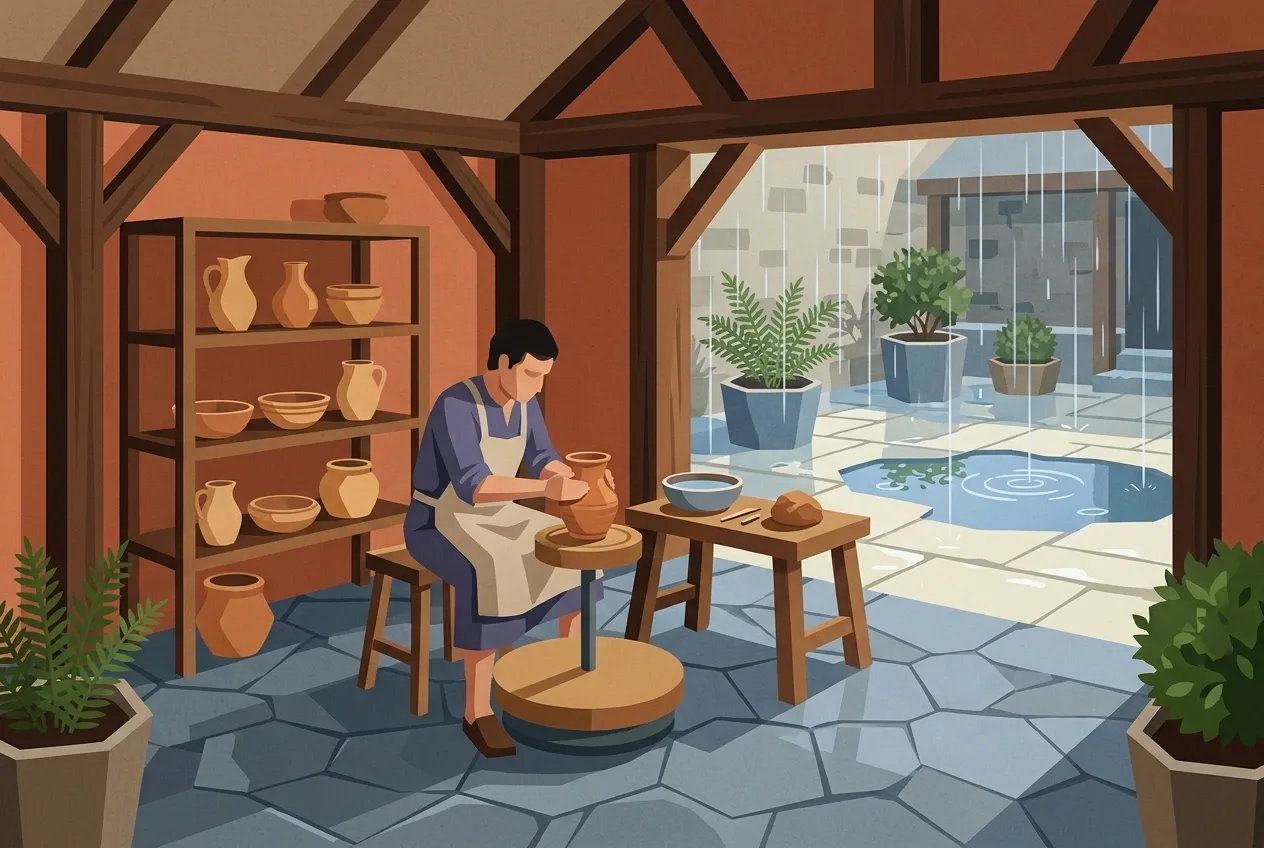 Ilustrasi Graphic Geometric bengkel gerabah tradisional dengan perajin anonim membentuk kendi tanah liat pada roda putar manual, dikelilingi rak keramik dan halaman berhujan.