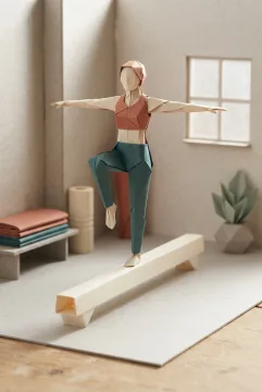 Atlet origami berbusana terracotta dan teal menyeimbangkan tubuh di atas balok kertas ivory dalam studio fitness miniatur bergaya Mixed Media Origami Style.