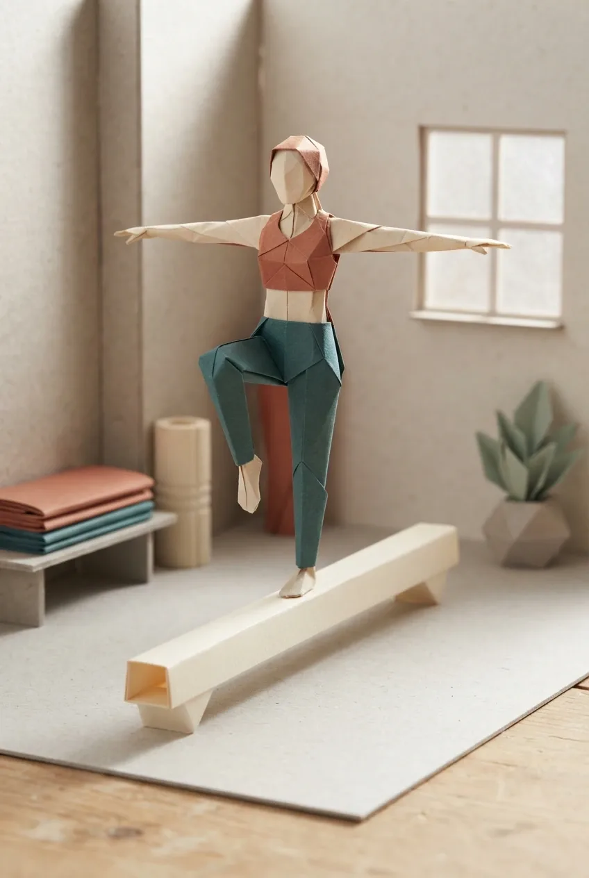 Atlet origami berbusana terracotta dan teal menyeimbangkan tubuh di atas balok kertas ivory dalam studio fitness miniatur bergaya Mixed Media Origami Style.